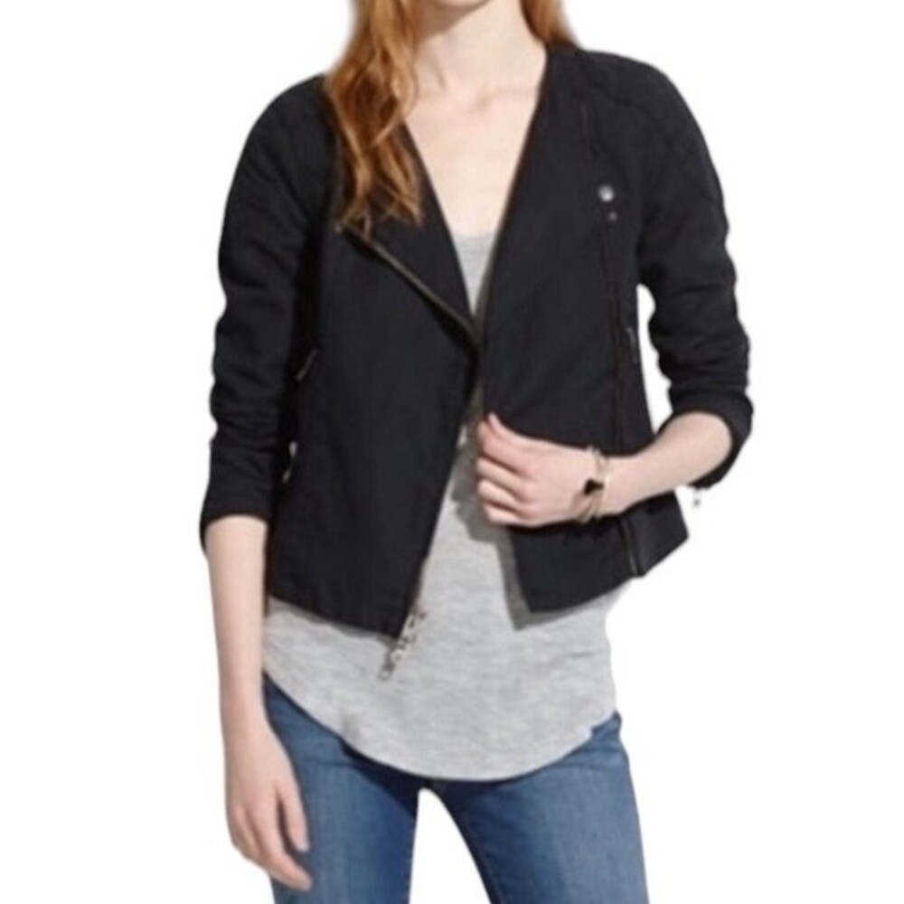 Madewell Navy Quilted Sidecar Cropped Biker Moto Jacket Cotton Asymmetrical Zip